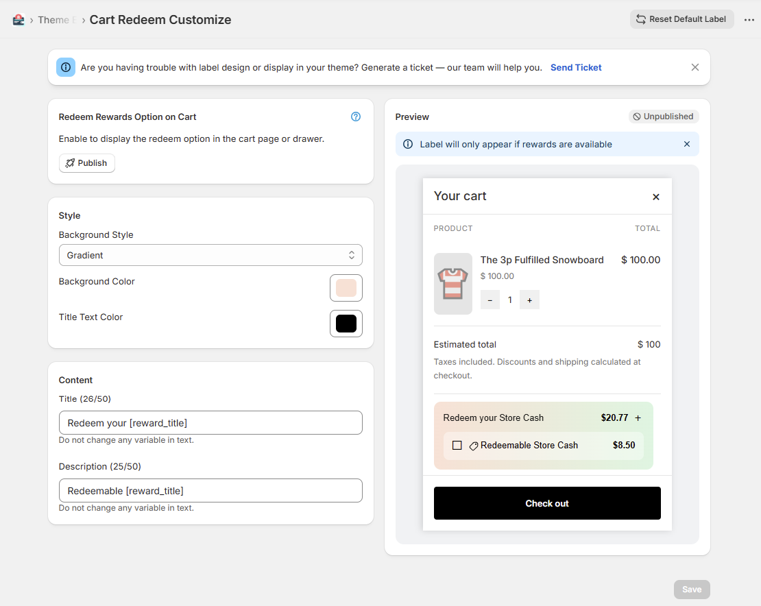 Customize Redeem Rewards Box on Cart