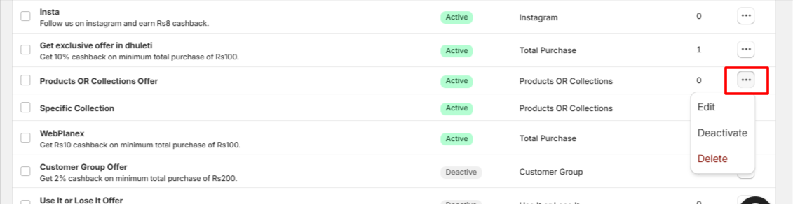 Live Offers and edit as required